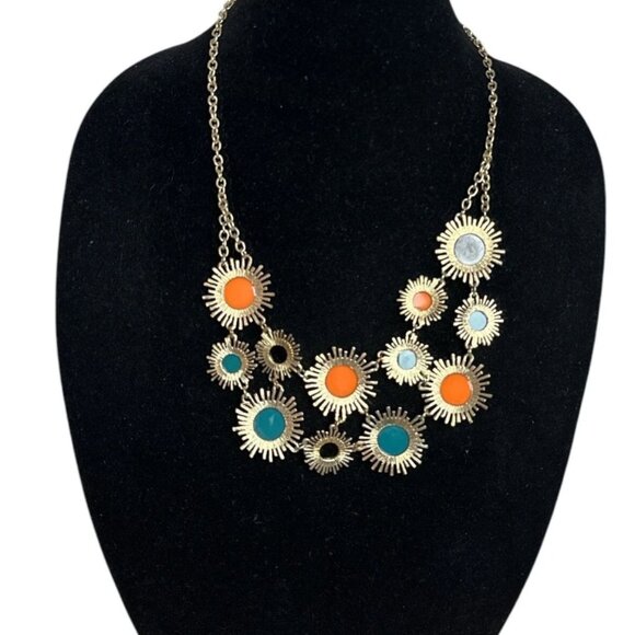 Sunburst Bib Statement Necklace Gold Tone Orange Turquoise Black Unbranded - Picture 4 of 5